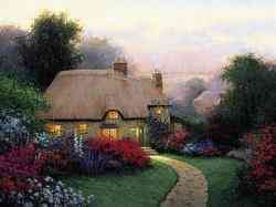 Great painting of a cottage as it seems to welcome you with all it\s Spring Flowers. 