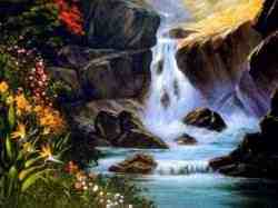 Really a great painting of a waterfall as it flows over a rocky cliff that is surrounded by red and yellow flowers.